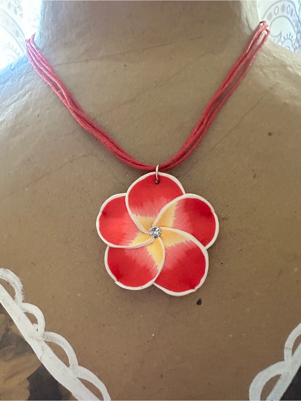 Hand-Painted Red Flower Pendant Necklace with Crystal Accent